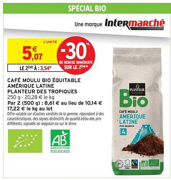 CAFÉ MOULU BIO ÉQUITABLE AMÉRIQUE LATINE PLANTEUR DES TROPIQUES