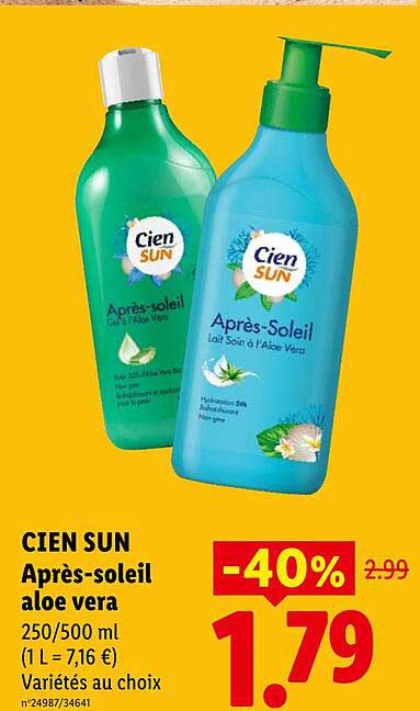 CIEN SUN Après-soleil aloe vera 250/500 ml (1 L = 7,16 €) Variétés au choix