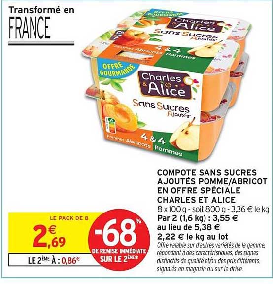 COMPOTE SANS SUCRES AJOUTÉS POMME/ABRICOT EN OFFRE SPÉCIALE CHARLES ET ALICE