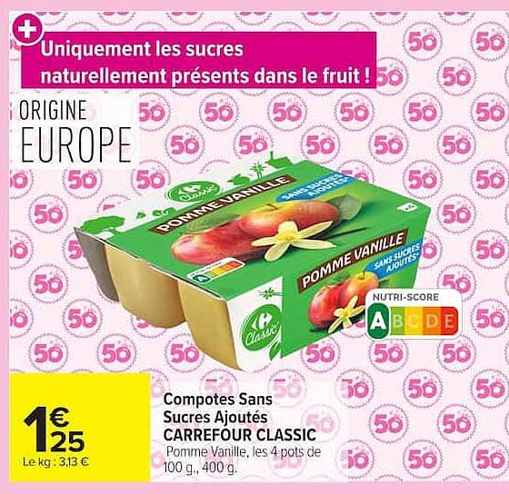 Compotes Sans Sucres Ajoutés CARREFOUR CLASSIC Pomme Vanille, les 4 pots de 100 g, 400 g