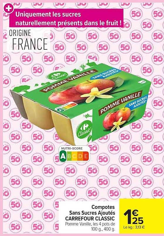 Compotes Sans Sucres Ajoutés CARREFOUR CLASSIC Pomme Vanille, les 4 pots de 100 g, 400 g.