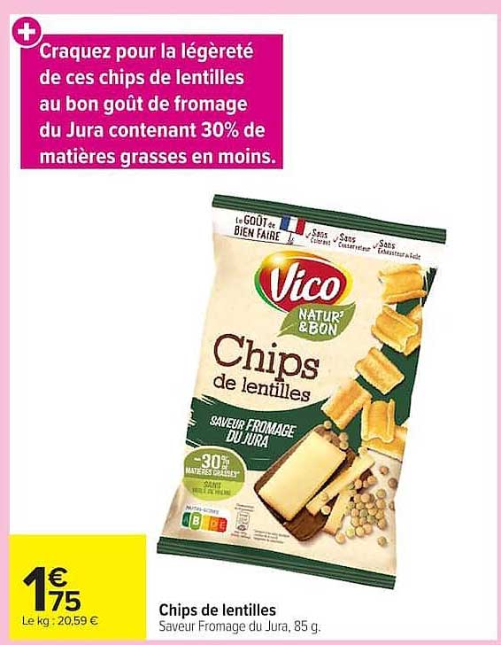 Craquez pour la légèreté de ces chips de lentilles au bon goût de fromage du Jura contenant 30% de matières grasses en moins.