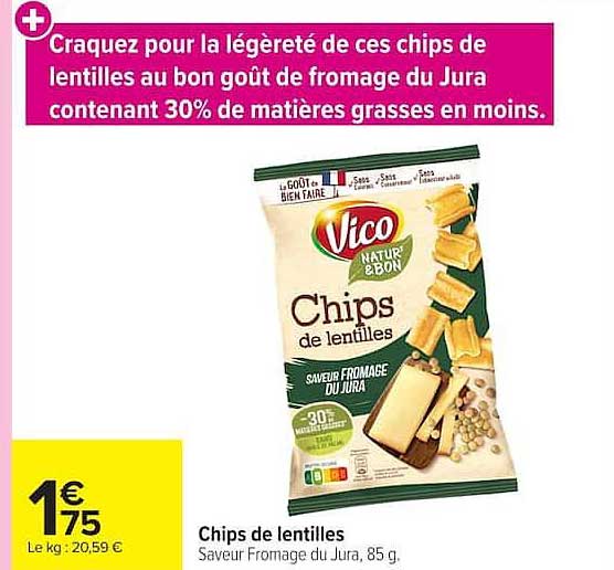 Craquez pour la légèreté de ces chips de lentilles au bon goût de fromage du Jura contenant 30% de matières grasses en moins.