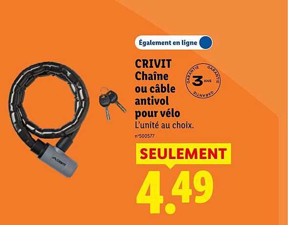 CRIVIT Chaîne ou câble antivol pour vélo