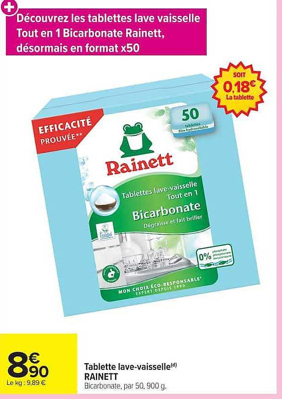 Découvrez les tablettes lave vaisselle Tout en 1 Bicarbonate Rainett, désormais en format x50