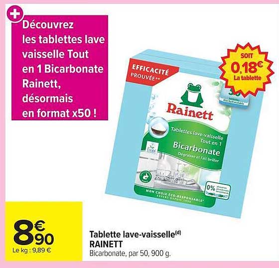 Découvrez les tablettes lave vaisselle Tout en 1 Bicarbonate Rainett, désormais en format x50 !
