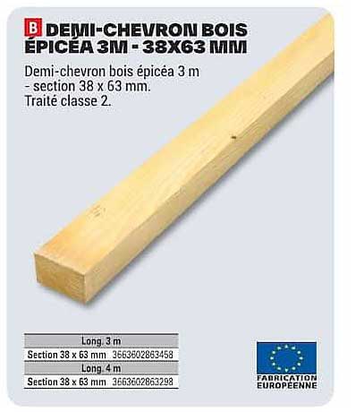 DEMI-CHEVRON BOIS EPICÉA 3M - 38X63 MM