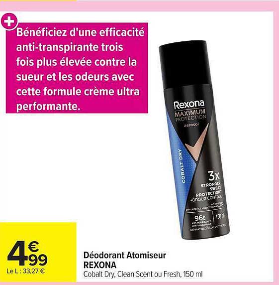 Déodorant Atomiseur REXONA Cobalt Dry, Clean Scent ou Fresh, 150 ml