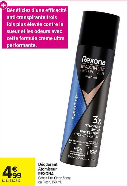 Déodorant Atomiseur REXONA Cobalt Dry, Clean Scent ou Fresh, 150 ml.