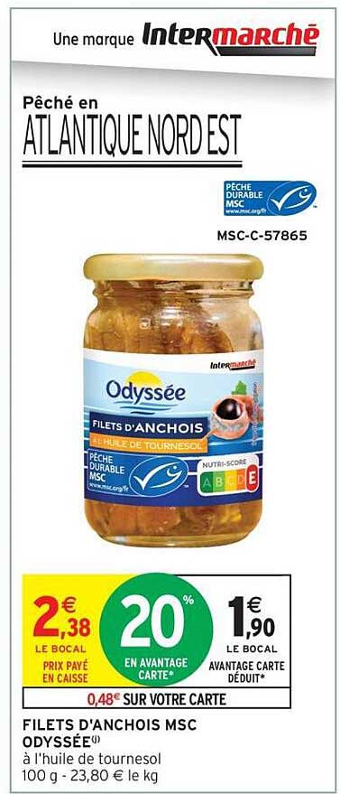 FILETS D'ANCHOIS MSC ODYSSÉE à l'huile de tournesol 100 g - 23,80 € le kg