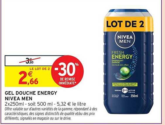 GEL DOUCHE ENERGY NIVEA MEN 2x250ml - soit 500 ml