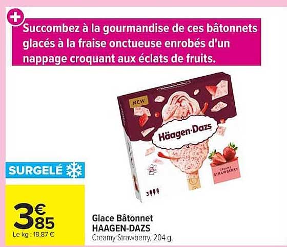 Glace Bâtonnet HAAGEN-DAZS Creamy Strawberry, 204 g.
