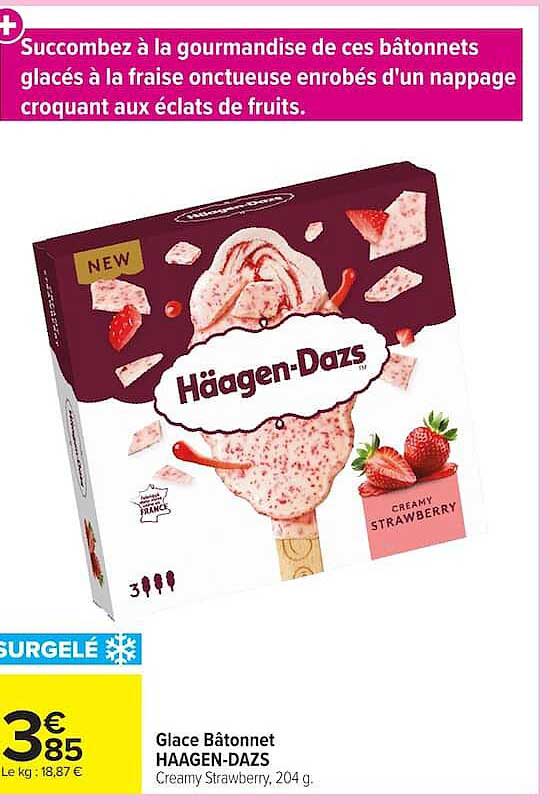 Glace Bâtonnet HAAGEN-DAZS Creamy Strawberry, 204 g.