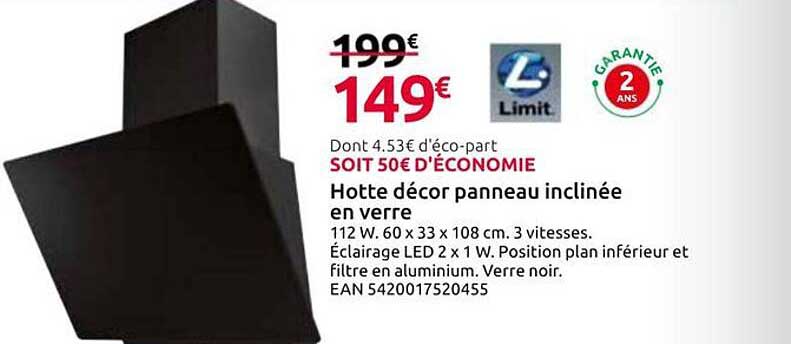 Hotte décor panneau inclinée en verre