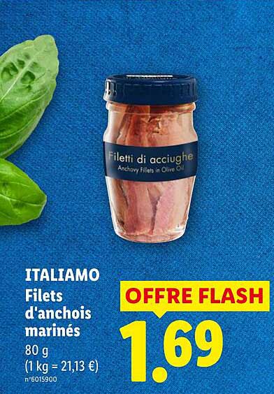 ITALIAMO Filets d'anchois marinés 80 g (1 kg = 21,13 €) n°6015900 OFFRE FLASH