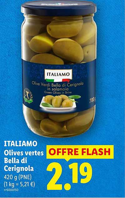 ITALIAMO Olives vertes Bella di Cerignola 420 g (PNE) (1 kg = 5,21 €) n°600150 OFFRE FLASH