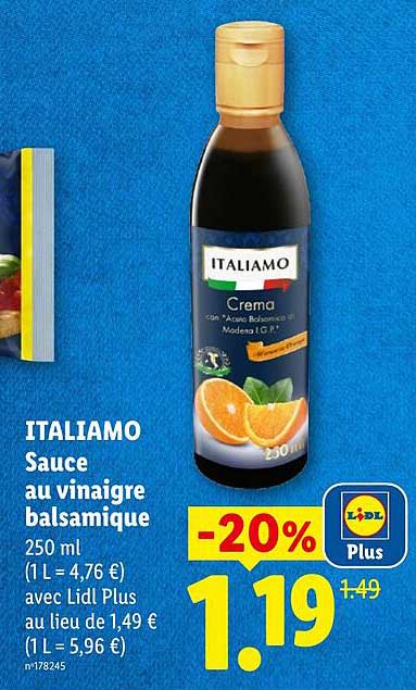 ITALIAMO Sauce au vinaigre balsamique 250 ml (1 L = 4,76 €) avec Lidl Plus au lieu de 1,49 € (1 L = 5,96 €)