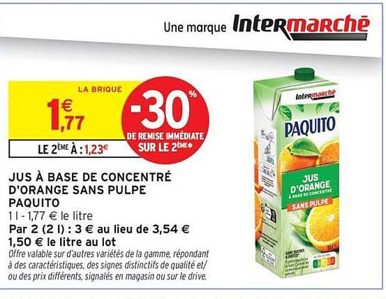 Jus à base de concentré d'orange sans pulpe Paquito