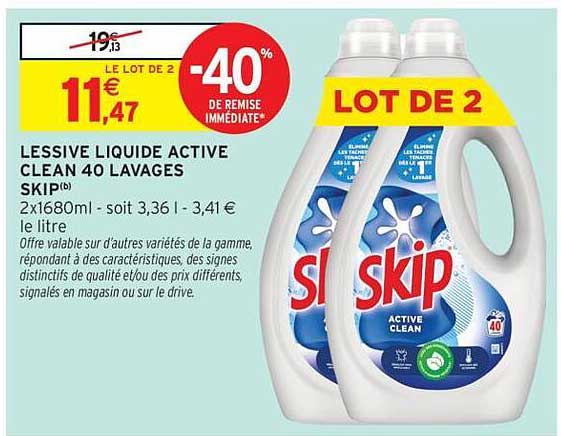 LESSIVE LIQUIDE ACTIVE CLEAN 40 LAVAGES SKIP®