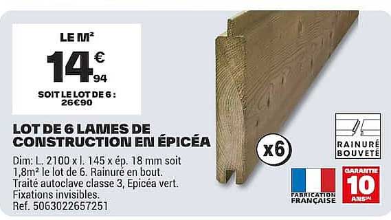 LOT DE 6 LAMES DE CONSTRUCTION EN ÉPICÉA