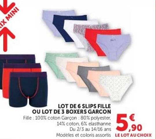 LOT DE 6 SLIPS FILLE OU LOT DE 3 BOXERS GARCON