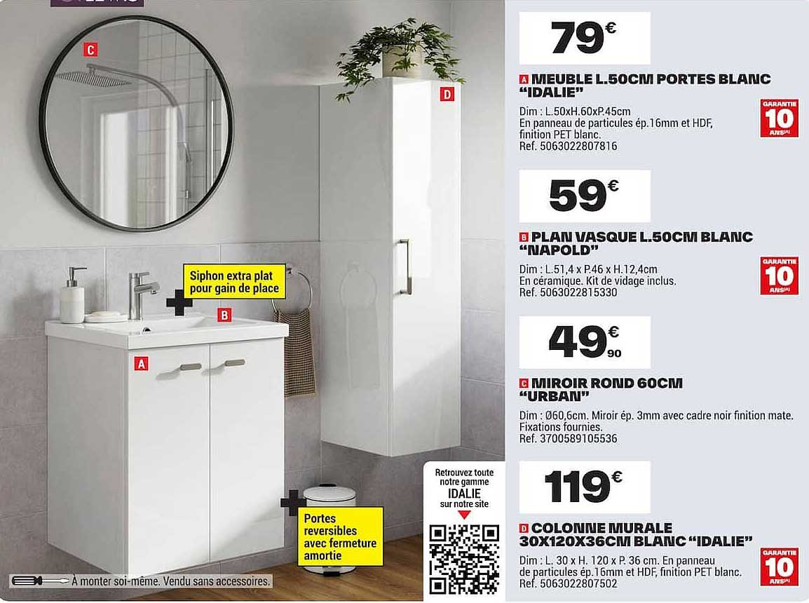 MEUBLE L.50CM PORTES BLANC "IDALIE"