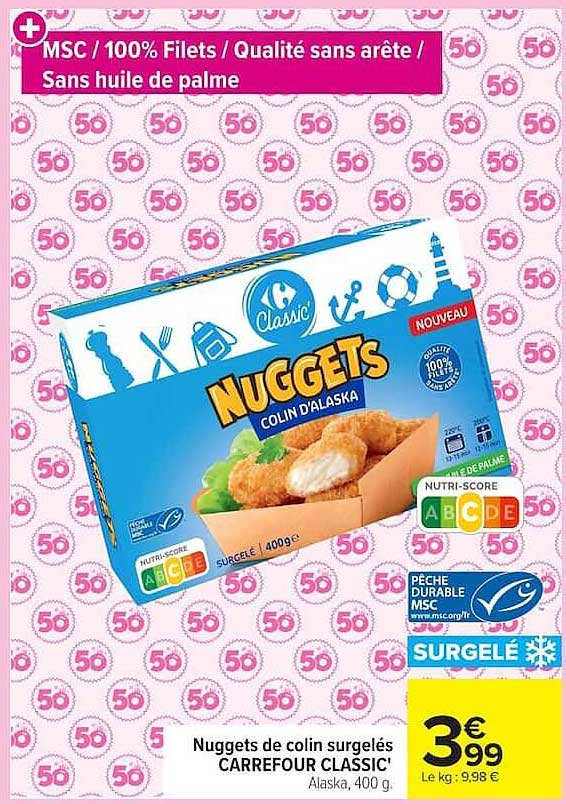 Nuggets de colin surgelés CARREFOUR CLASSIC Alaska, 400 g