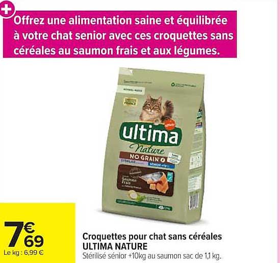 Offrez une alimentation saine et équilibrée à votre chat senior avec ces croquettes sans céréales au saumon frais et aux légumes.