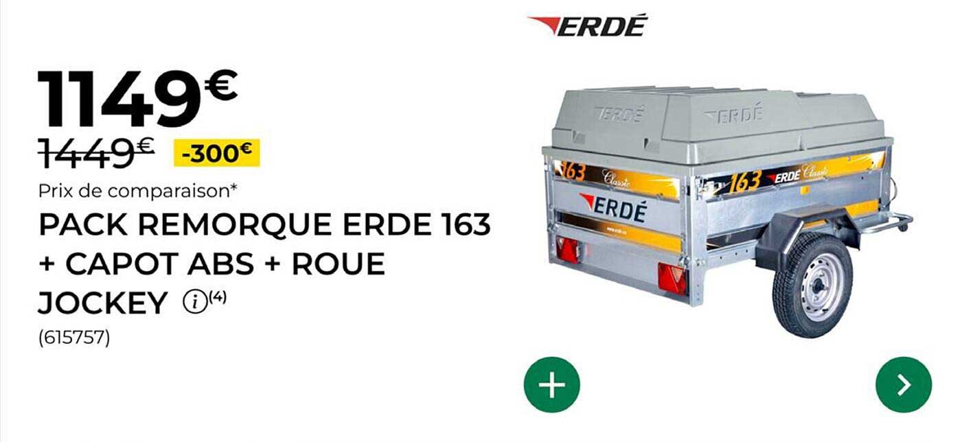 PACK REMORQUE ERDE 163 + CAPOT ABS + ROUE JOCKEY