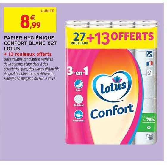 PAPIER HYGIÉNIQUE CONFORT BLANC X27 LOTUS + 13 rouleaux offerts