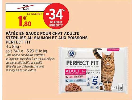 PÂTÉE EN SAUCE POUR CHAT ADULTE STÉRILISÉ AU SAUMON ET AUX POISSONS PERFECT FIT