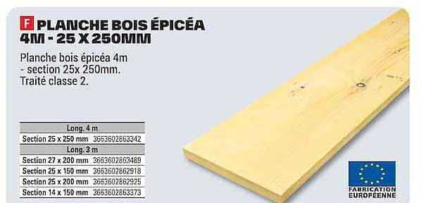 PLANCHE BOIS ÉPICÉA 4M - 25 X 250MM