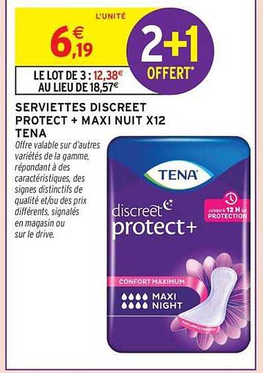 SERVIETTES DISCREET PROTECT + MAXI NUIT X12 TENA