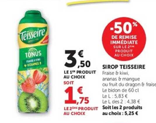 SIROP TEISSEIRE Fraise & kiwi, ananas & mangue ou fruit du dragon & fraise