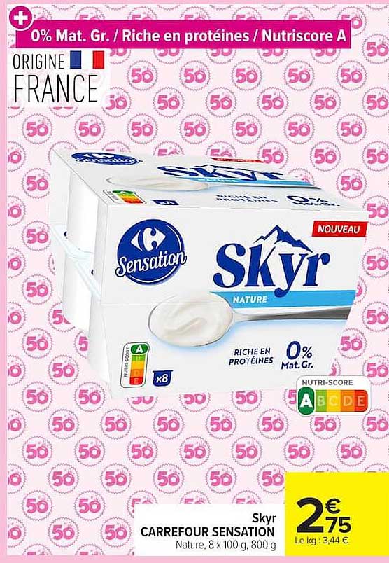 Skyr Carrefour Sensation Nature, 8 x 100 g, 800 g