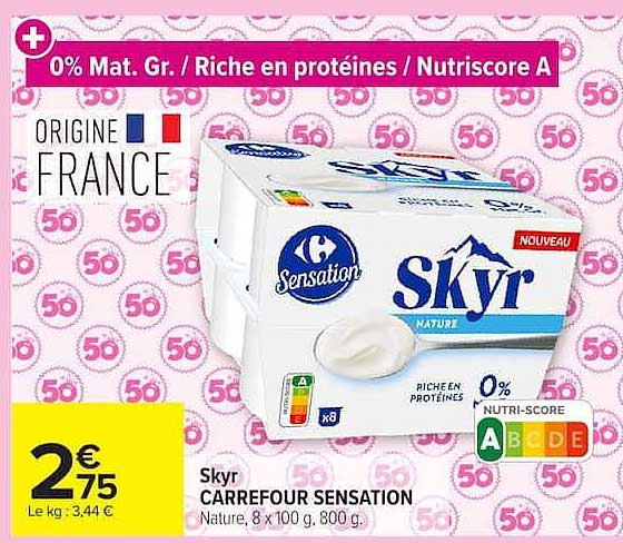 Skyr CARREFOUR SENSATION Nature, 8 x 100 g, 800 g