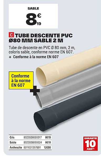 TUBE DESCENTE PVC Ø80 MM SABLE 2 M