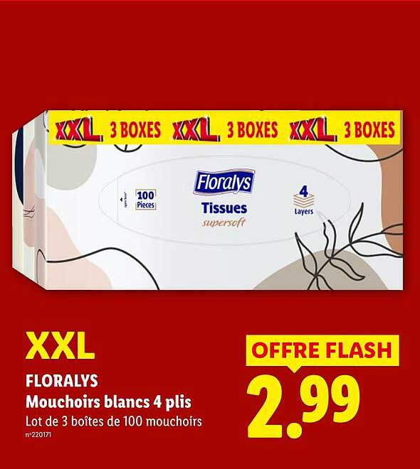 XXL FLORALYS Mouchoirs blancs 4 plis Lot de 3 boîtes de 100 mouchoirs