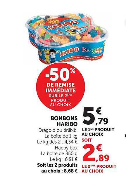 BONBONS HARIBO Dragolo ou trilibibi La boite de 1 kg Le kg : 4,34 € Happy box La boite de 850 g Le kg : 6,81 € Soit les 2 produits au choix : 8,68 €