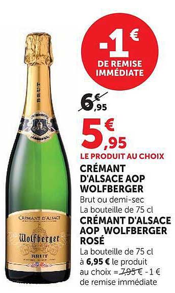 CRÉMANT D'ALSACE AOP WOLFBERGER Brut ou demi-sec La bouteille de 75 cl