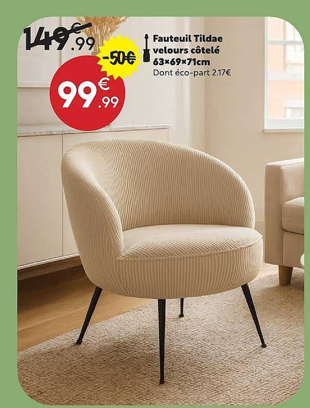 Fauteuil Tildea velours côtelé 63×69×71cm
