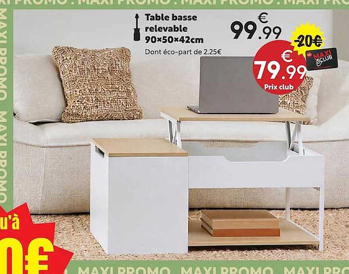 Table basse relevable 90x50x42cm