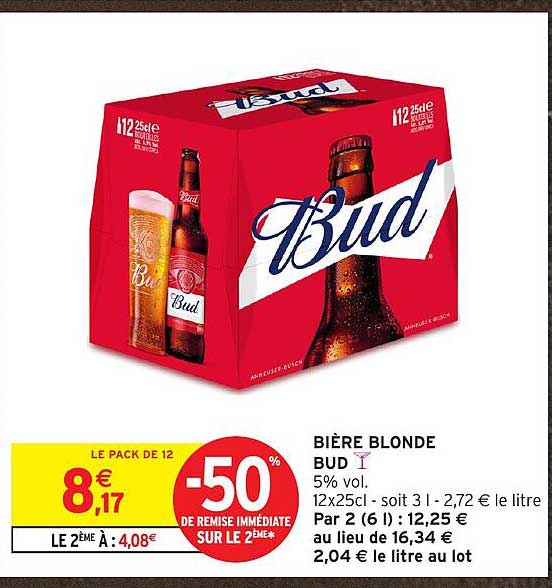 BIÈRE BLONDE BUD 5% vol. 12x25cl - soit 3 l - 2,72 € le litre