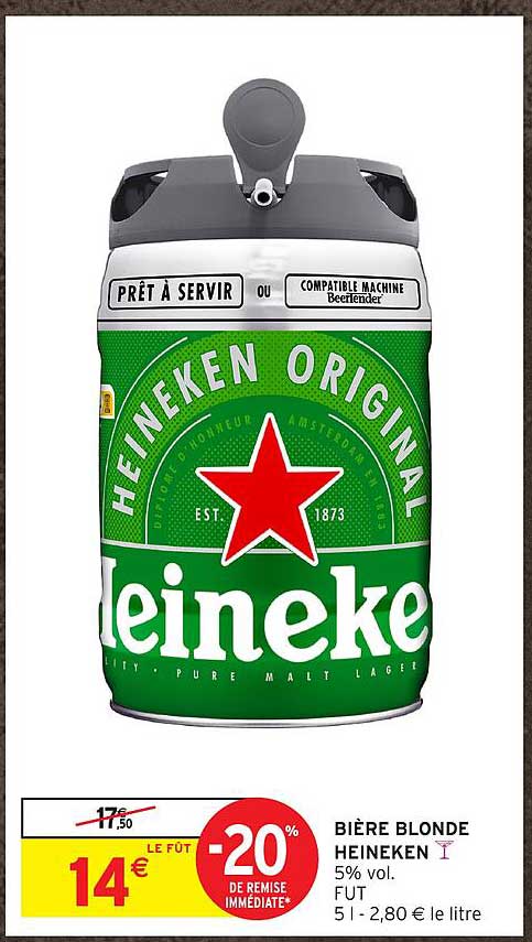 BIÈRE BLONDE HEINEKEN 5% vol. FUT 5 l - 2,80 € le litre