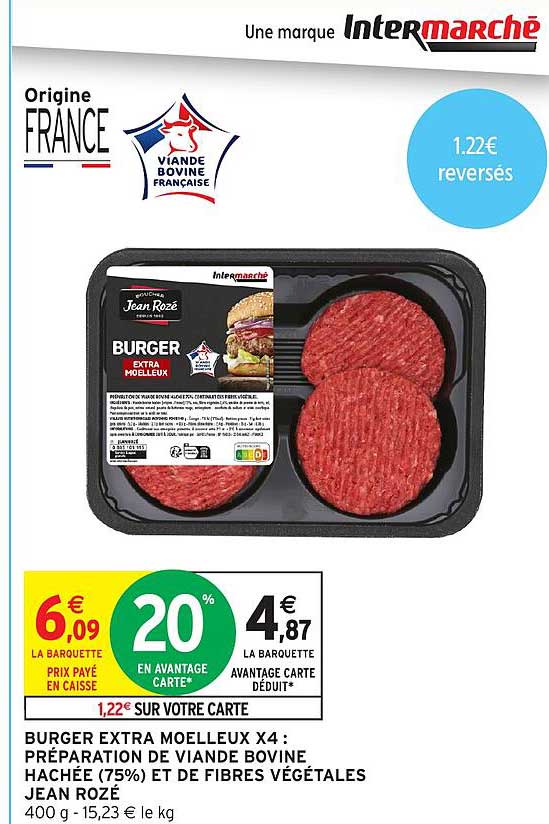 BURGER EXTRA MOELLEUX X4 : PRÉPARATION DE VIANDE BOVINE HACHÉE (75%) ET DE FIBRES VÉGÉTALES JEAN ROZÉ