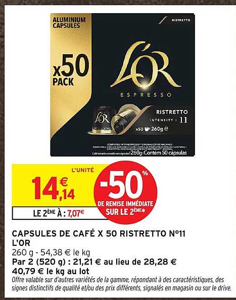 CAPSULES DE CAFÉ X 50 RISTRETTO N°11 L'OR