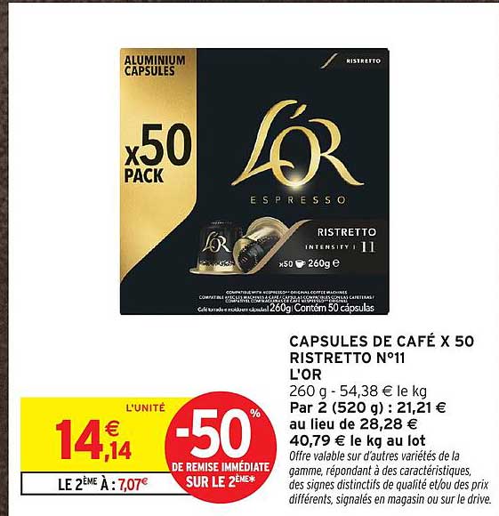 CAPSULES DE CAFÉ X 50 RISTRETTO N°11 L'OR