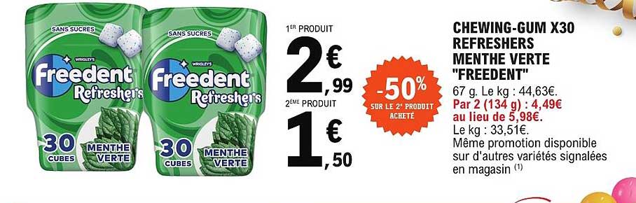 CHEWING-GUM X30 REFRESHERS MENTHE VERTE "FREEDENT"