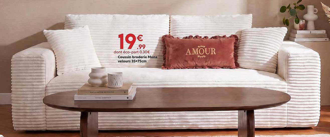 Coussin broderie Mona velours 35x75cm