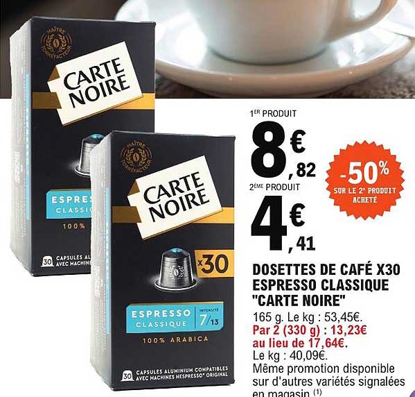 DOSETTES DE CAFÉ X30 ESPRESSO CLASSIQUE "CARTE NOIRE"